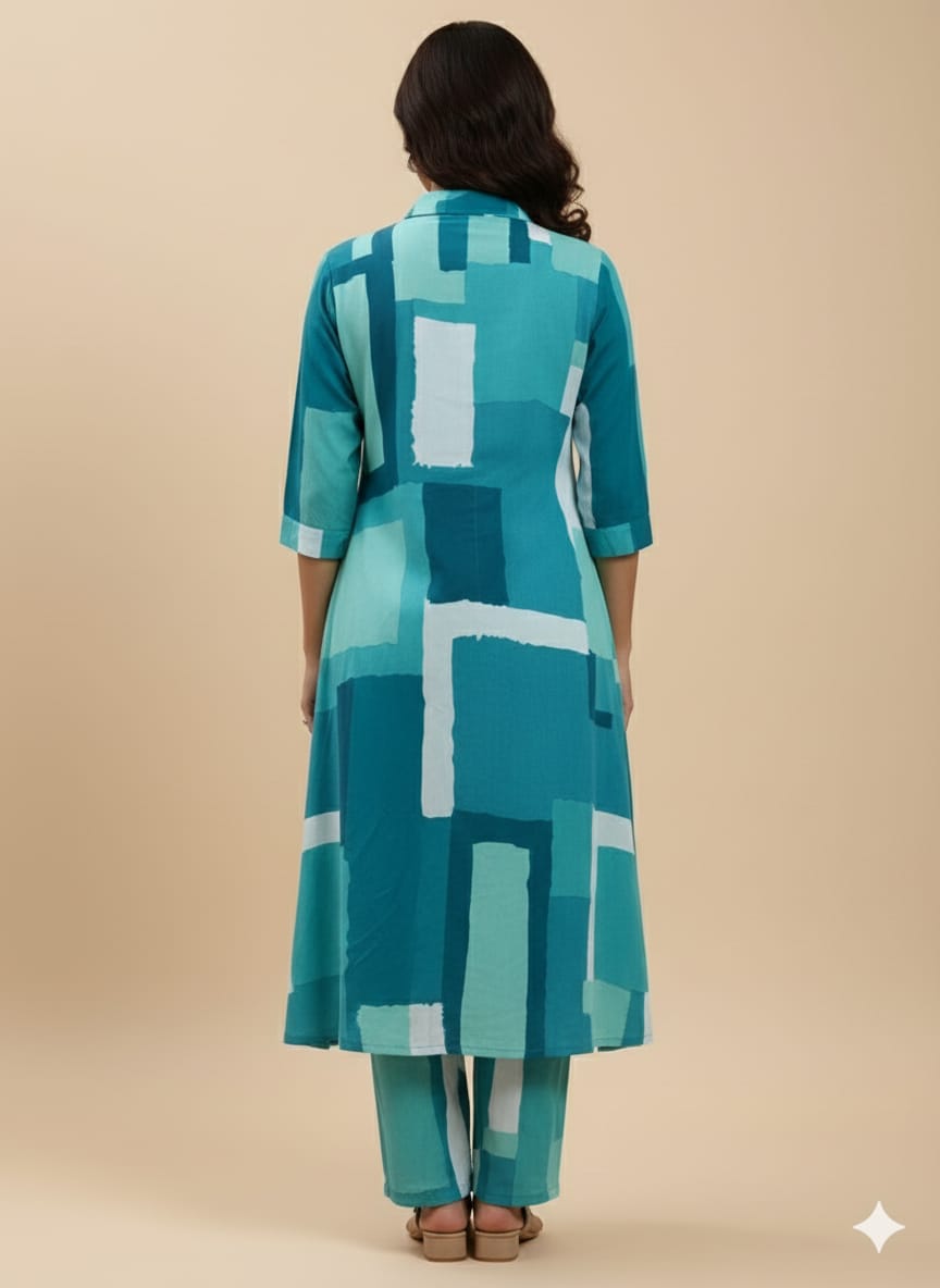 Women’s Green Abstract Printed Rayon Kurta Set with Straight Pants