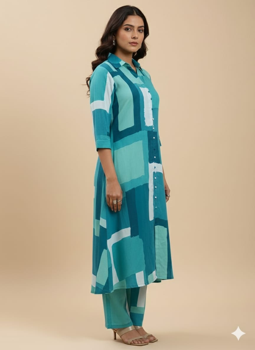 Women’s Green Abstract Printed Rayon Kurta Set with Straight Pants