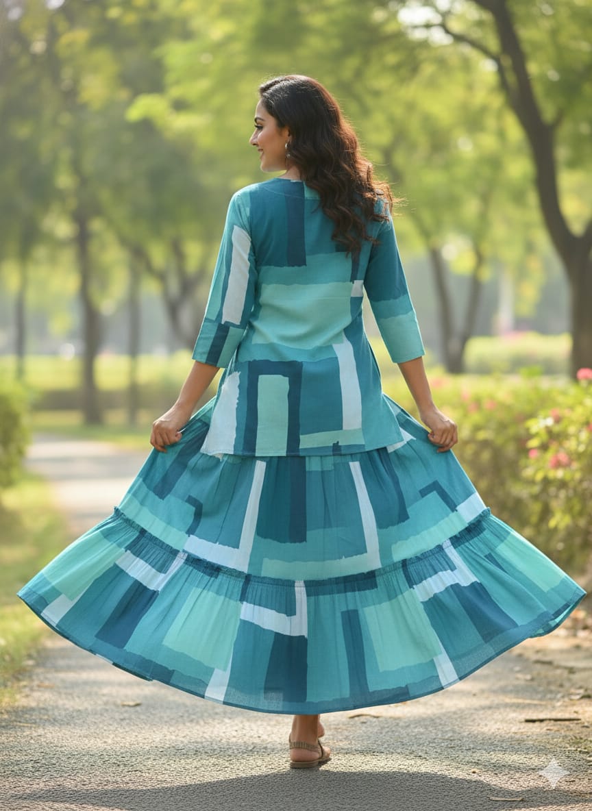 Women’s Green Box Abstract Printed Rayon Kurta with Flared Skirt Set