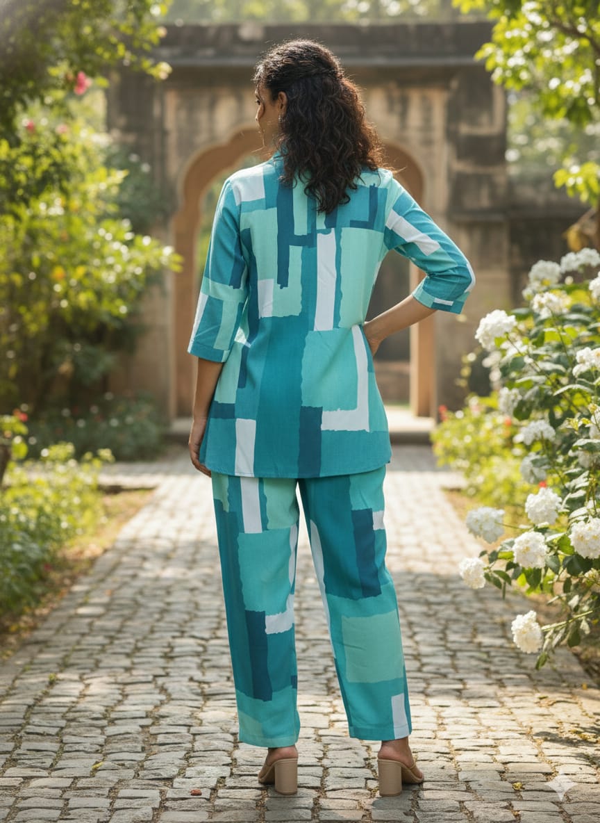Women’s Green Abstract Box Printed Rayon Shirt & Pant Co-Ord Set