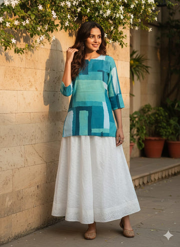Women’s Green Box Abstract Printed Rayon Kurta with Chikankari Flared Skirt Set