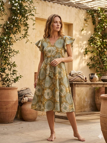 Women’s Green Circular Printed Cotton Umbrella Style A-Line Dress with Drawstring Waist