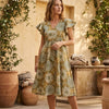 Women’s Green Circular Printed Cotton Umbrella Style A-Line Dress with Drawstring Waist