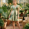 Women’s Green Floral Printed Chanderi Umbrella Style A-Line Dress with Drawstring Waist
