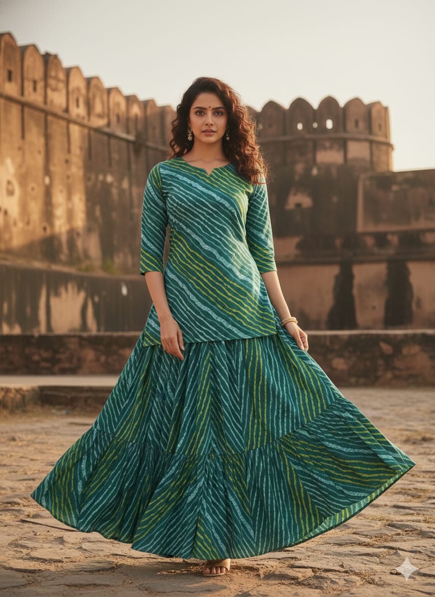 Women’s Green Leheriya Printed Cotton Kurta with Flared Skirt Set