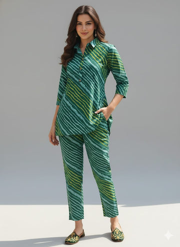 Women’s Green Leheriya Stripes Printed Cotton Shirt & Pant Co-Ord Set