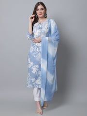 Aawari Women Printed Bel Air Blue Three Piece Suit Set