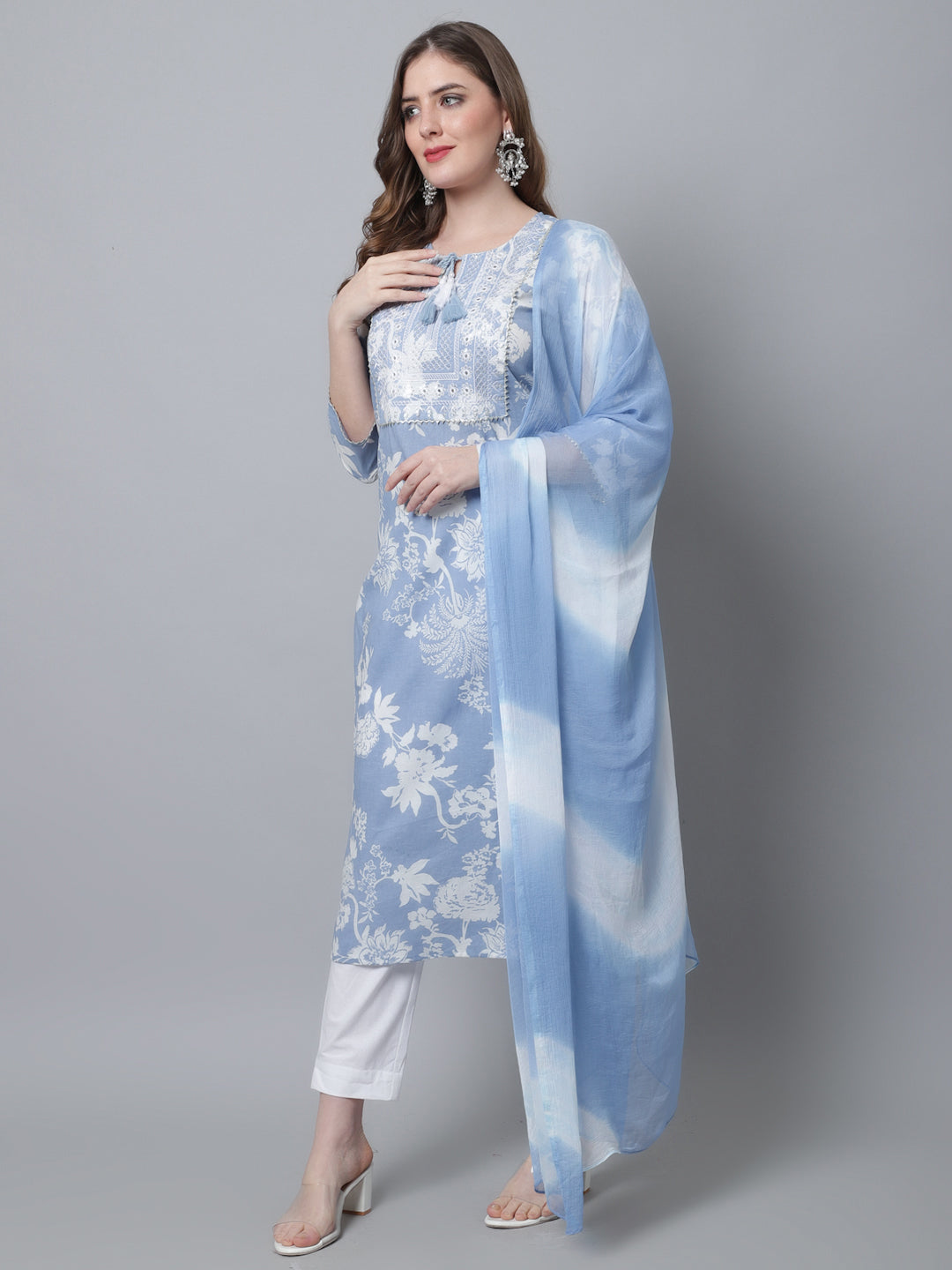 Aawari Women Printed Bel Air Blue Three Piece Suit Set