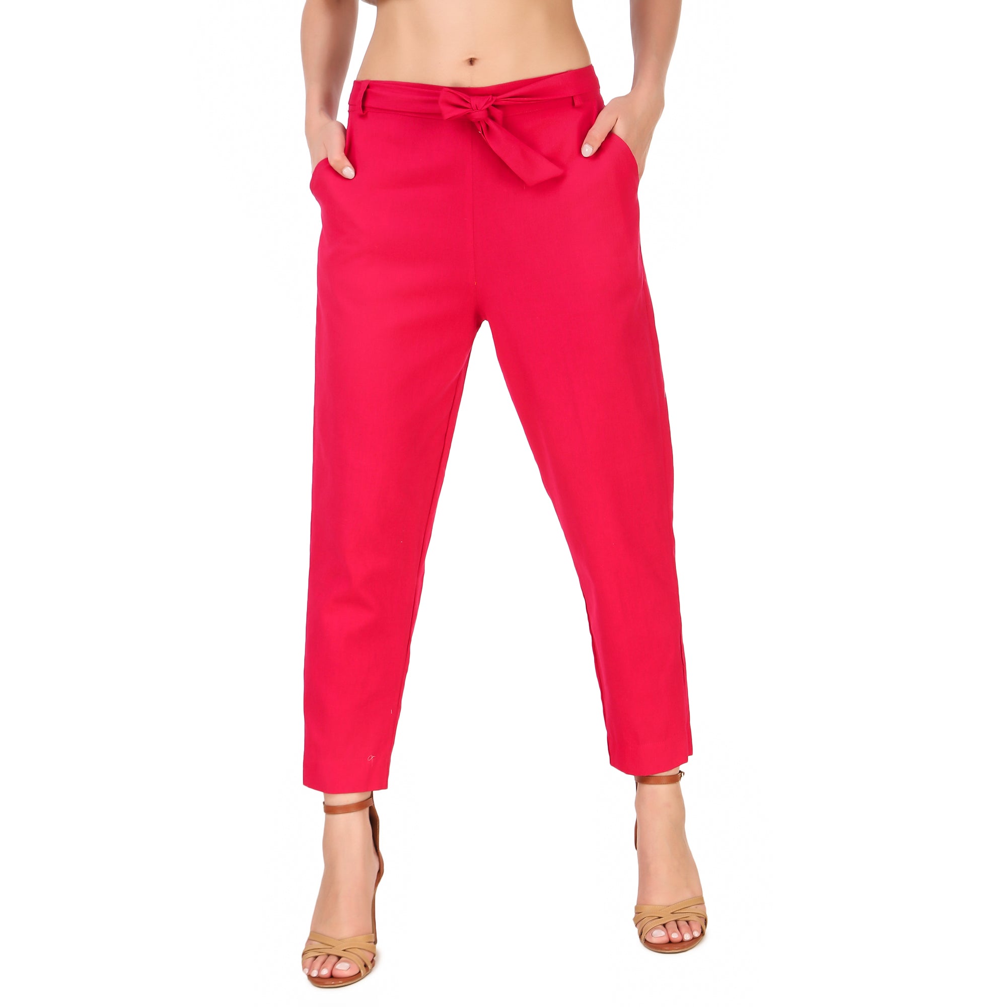 Aawari Women Cotton Solid Belt Pants