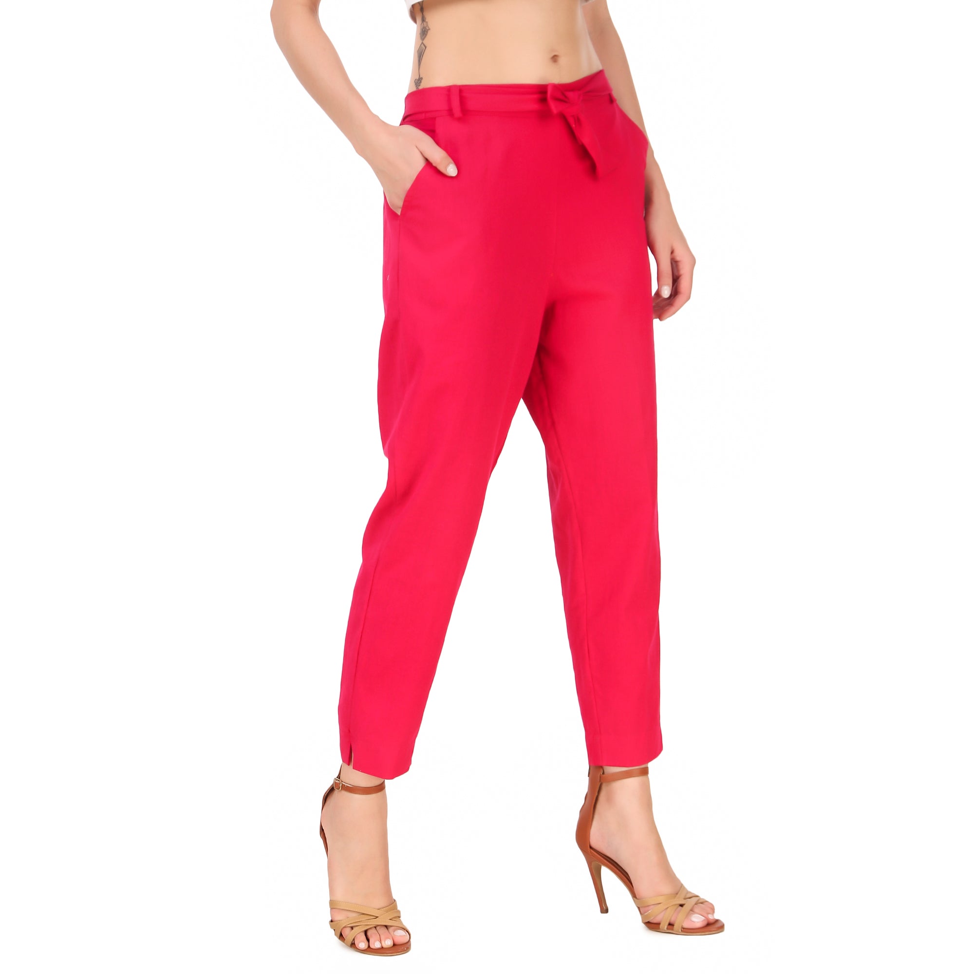 Aawari Solid Pant With Belt ( PINK )