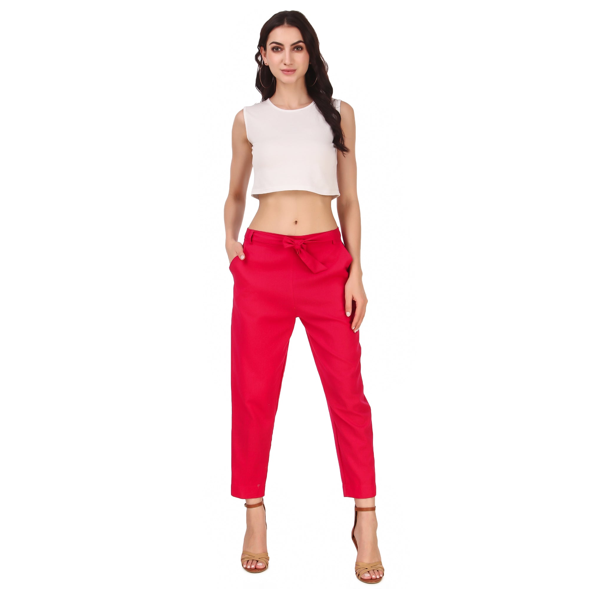 Aawari Women Cotton Solid Belt Pants