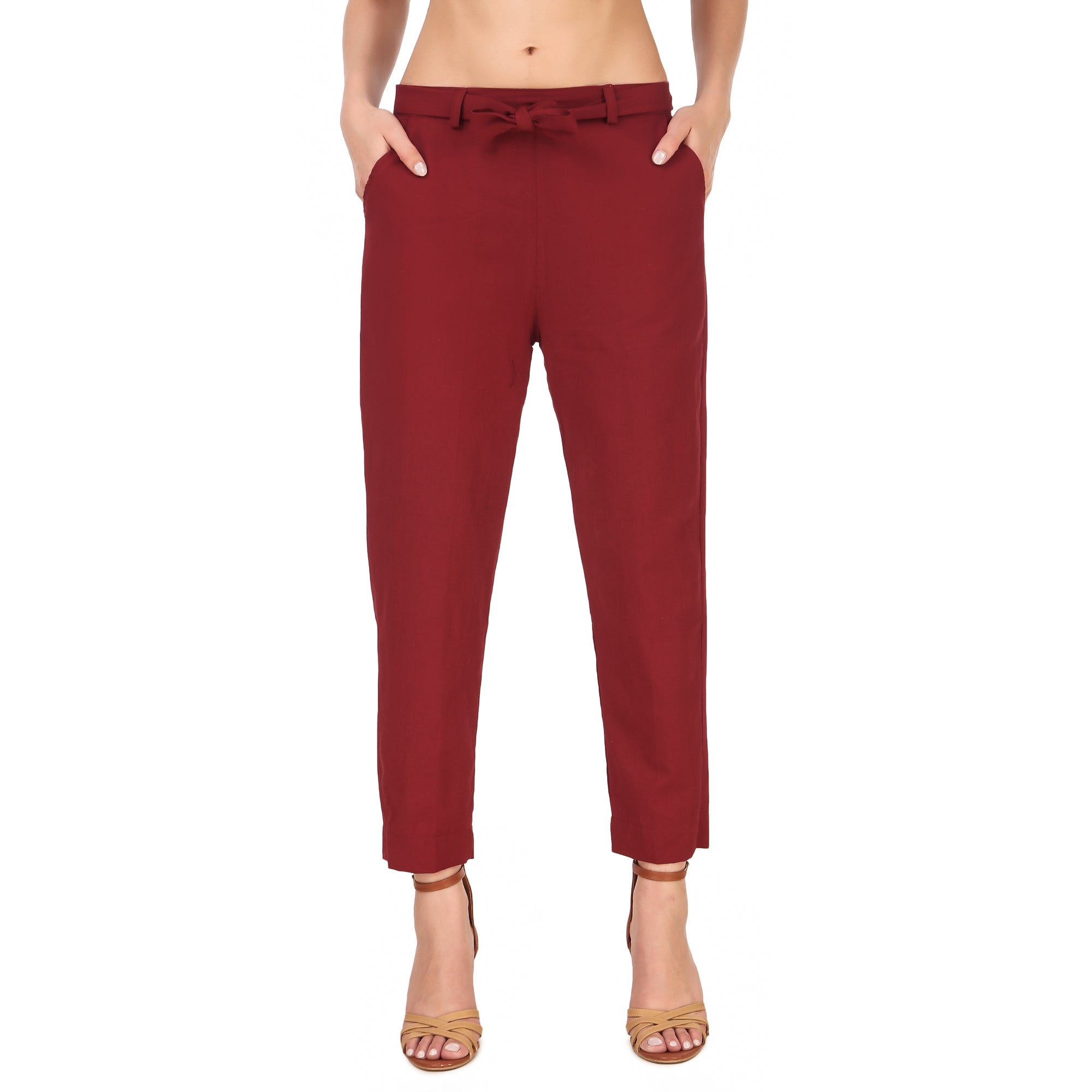 Aawari Women Cotton Solid Belt Pants