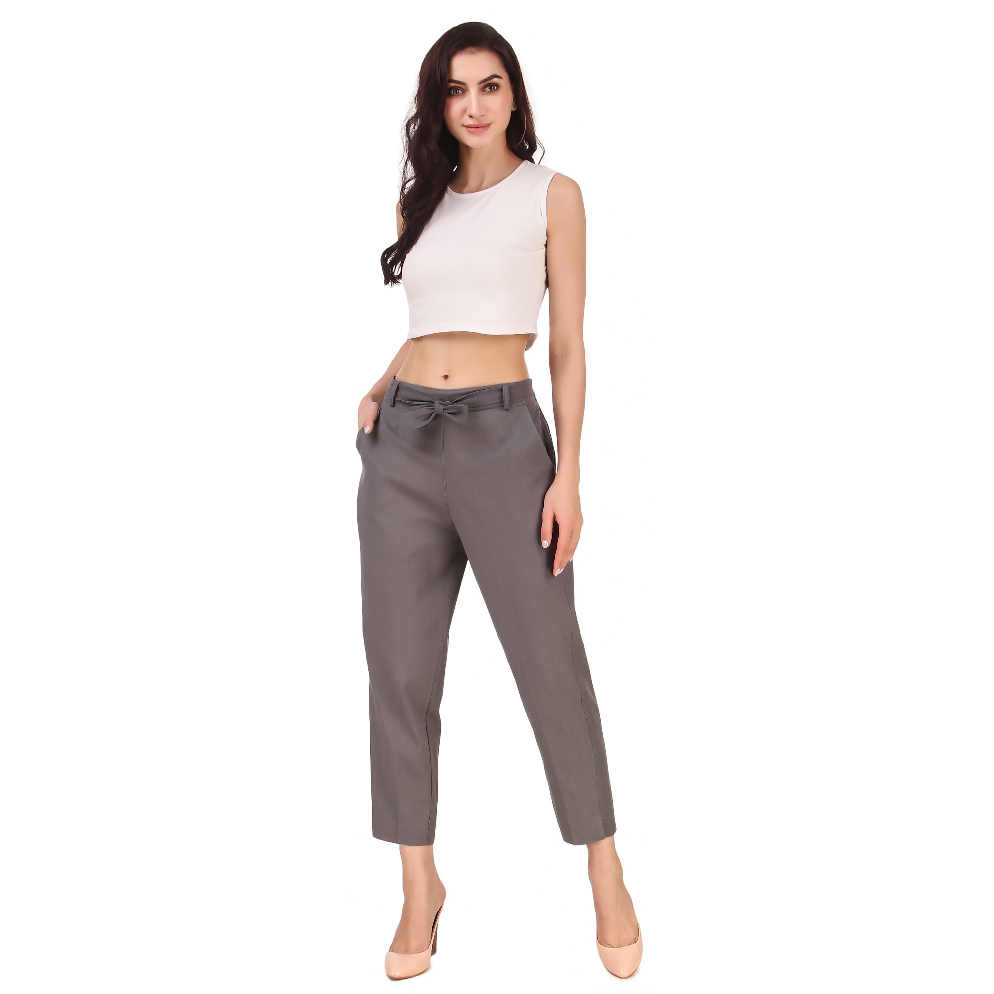 Aawari Women Cotton Solid Belt Pants
