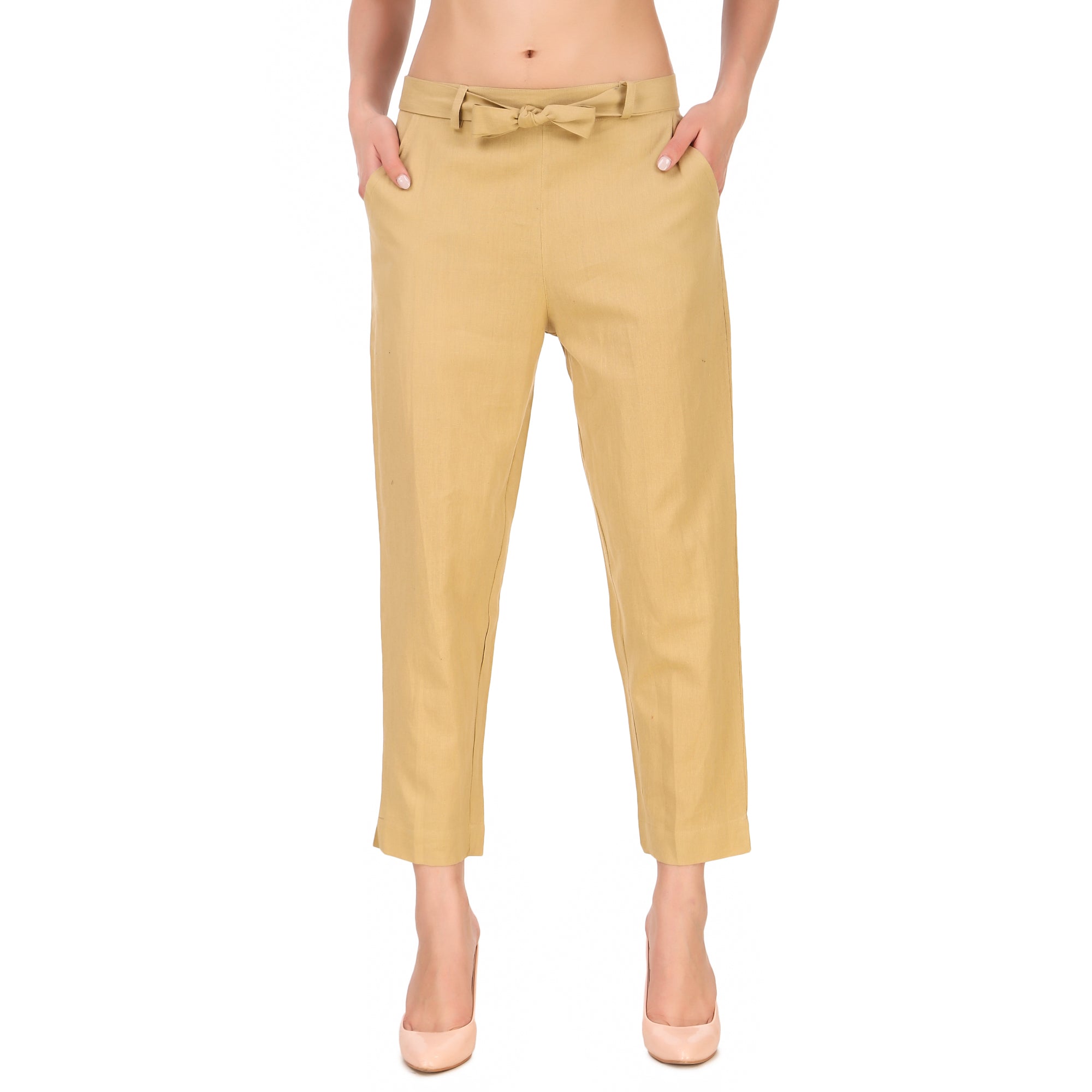 Aawari's Women Cotton Solid Belt Pants