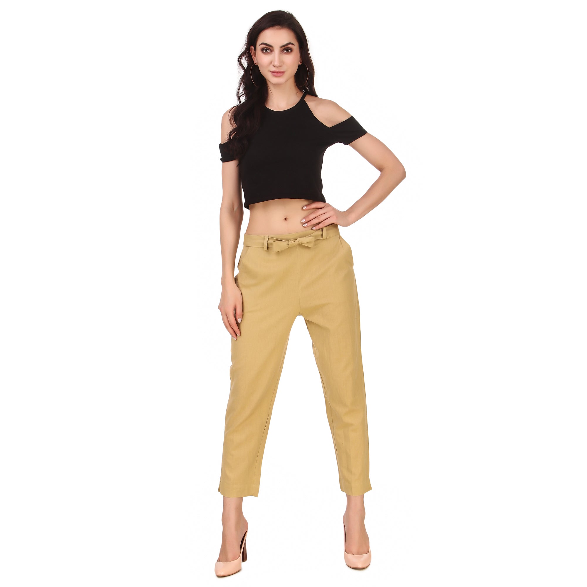 Aawari's Women Cotton Solid Belt Pants