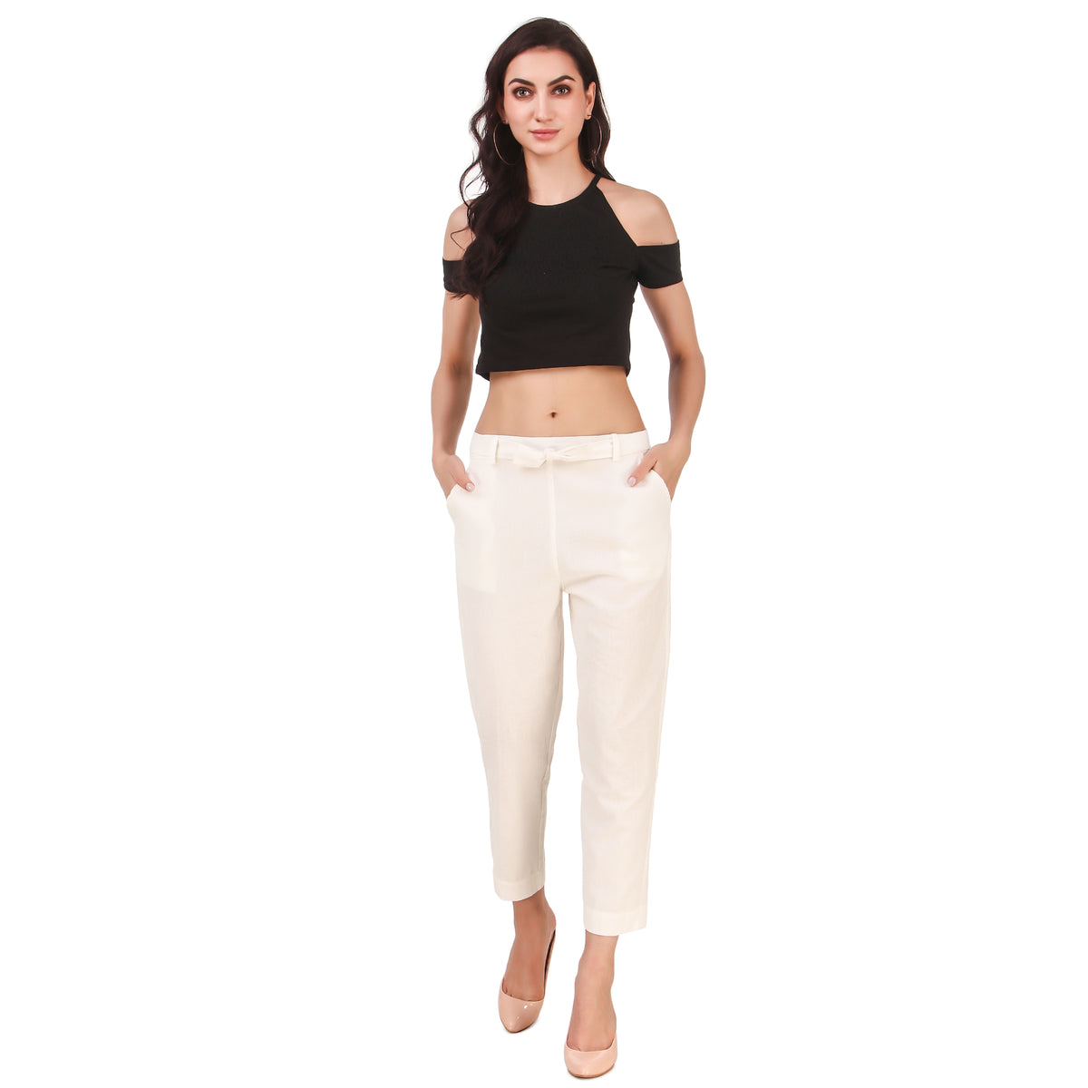 Aawari Solid Pant With Belt ( BABY POWDER )