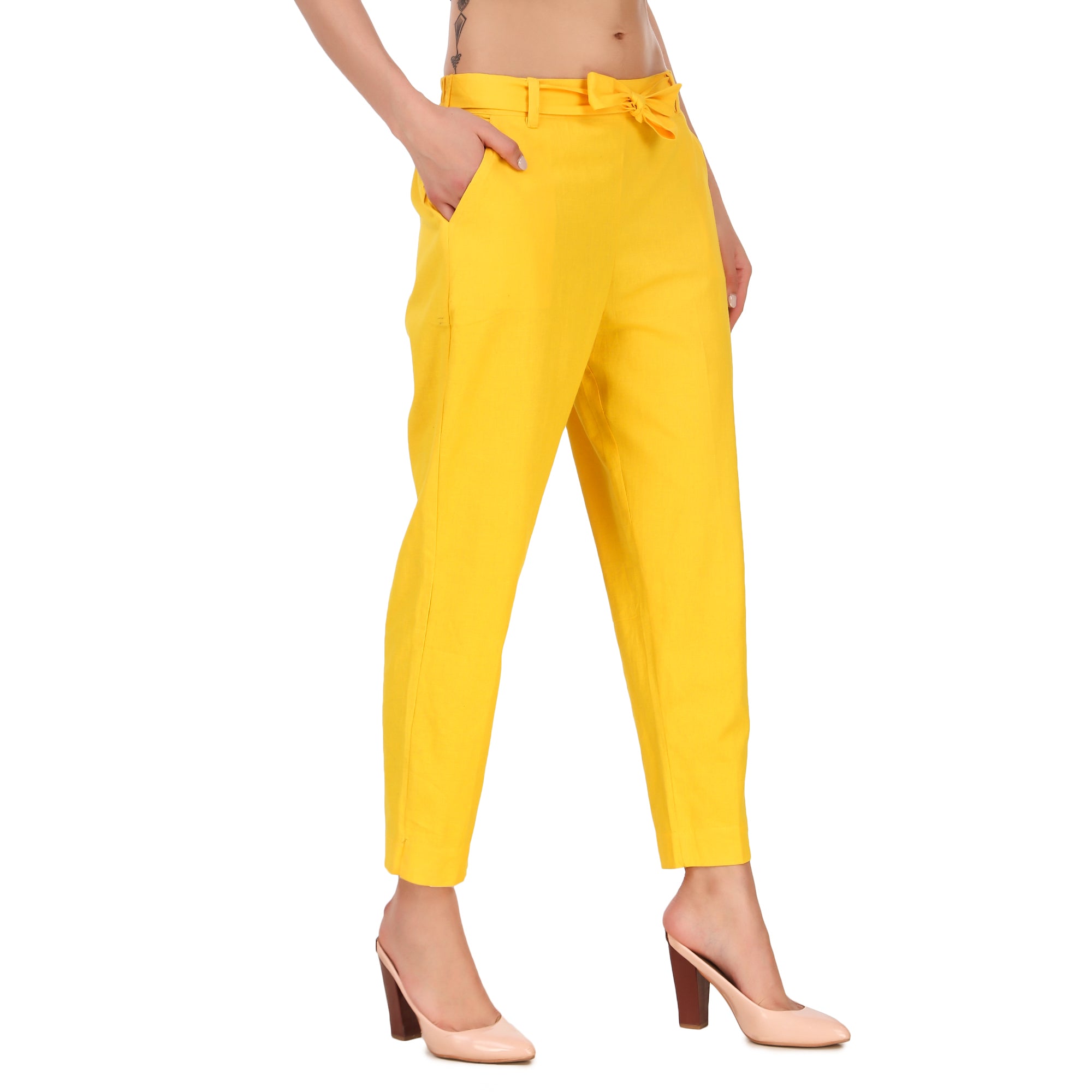 Aawari Solid Pant With Belt ( YELLOW )