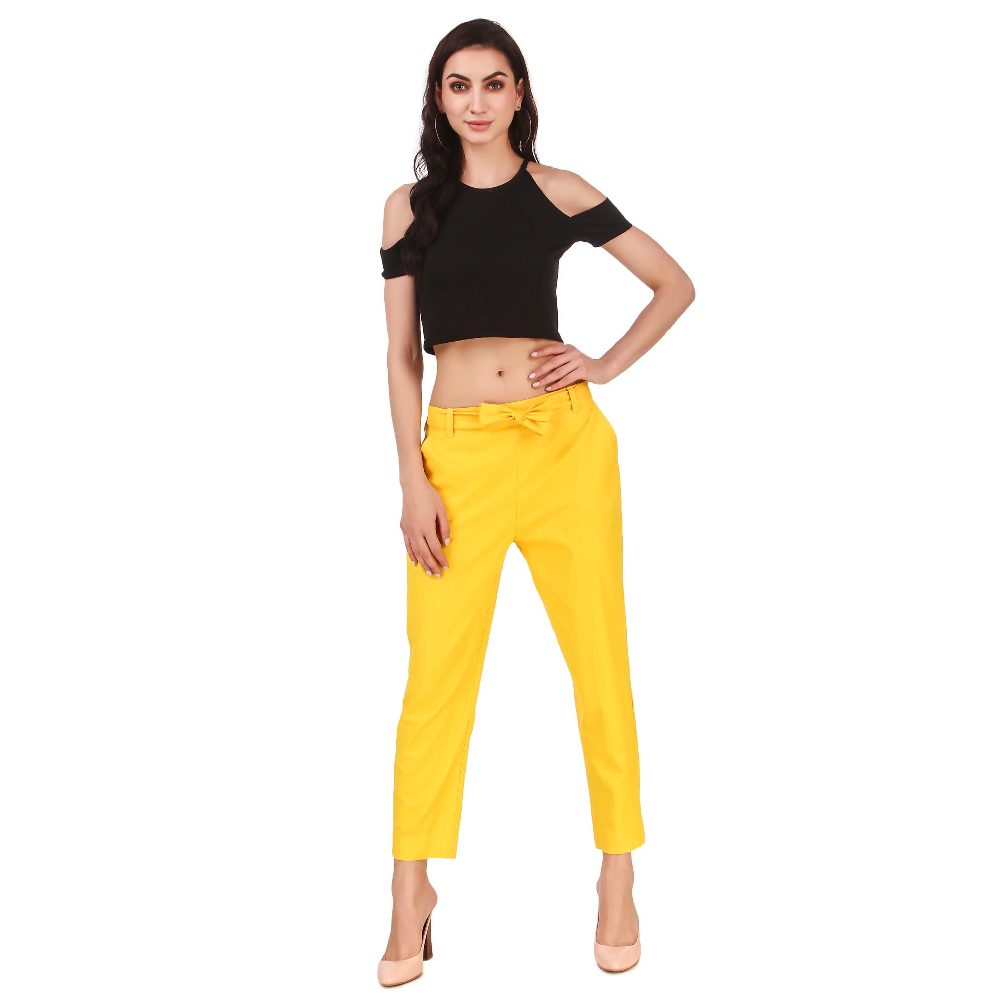 Aawari Women Cotton Solid Belt Pants