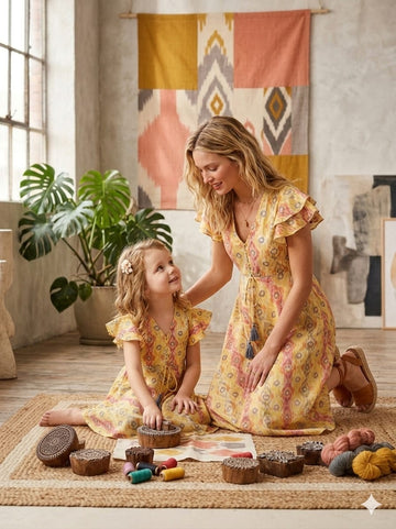 Mom & Me Yellow Ikat Printed Cotton Umbrella Style A-Line Dress with Drawstring Waist
