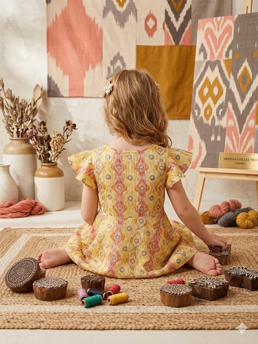 Baby Girls Yellow Ikkat Printed Cotton Umbrella Style A-Line Dress with Flutter Sleeves