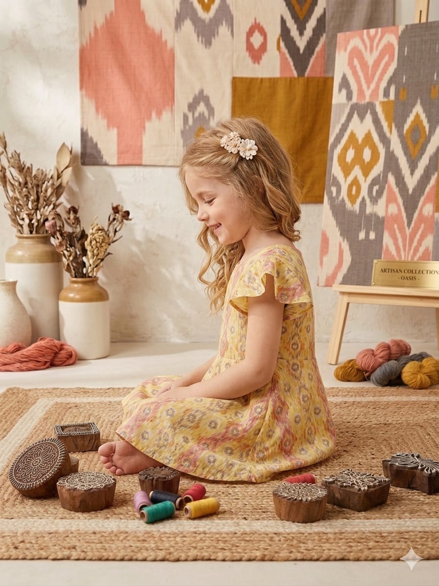 Baby Girls Yellow Ikkat Printed Cotton Umbrella Style A-Line Dress with Flutter Sleeves