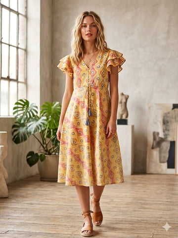 Women’s Yellow Ikkat Printed Cotton Umbrella Style A-Line Dress with Drawstring Waist
