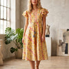 Women’s Yellow Ikkat Printed Cotton Umbrella Style A-Line Dress with Drawstring Waist