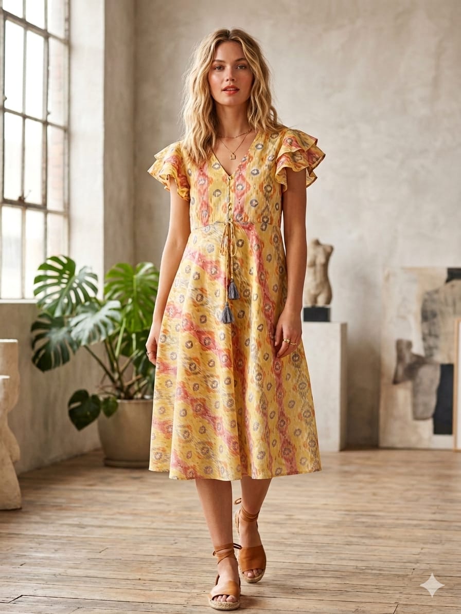 Mom & Me Yellow Ikat Printed Cotton Umbrella Style A-Line Dress with Drawstring Waist