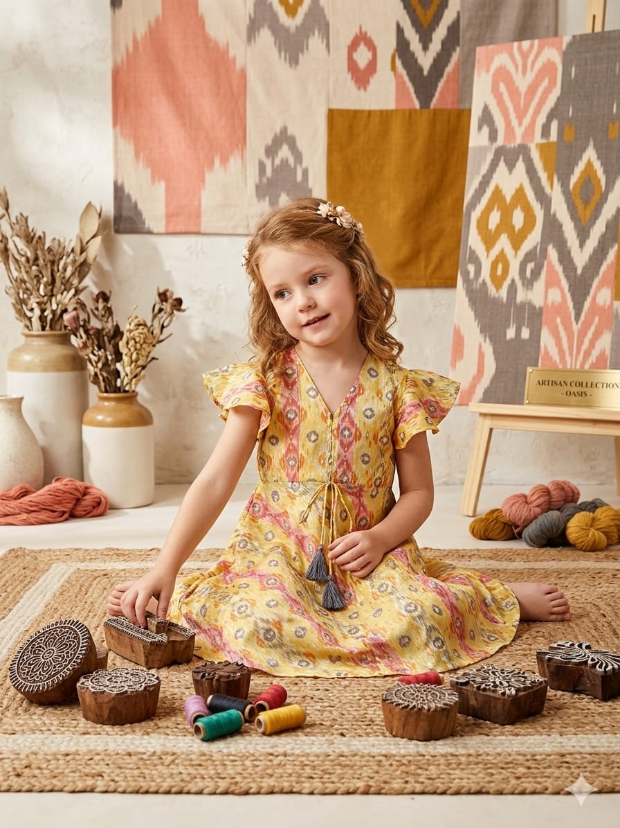 Baby Girls Yellow Ikkat Printed Cotton Umbrella Style A-Line Dress with Flutter Sleeves