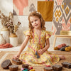 Baby Girls Yellow Ikkat Printed Cotton Umbrella Style A-Line Dress with Flutter Sleeves