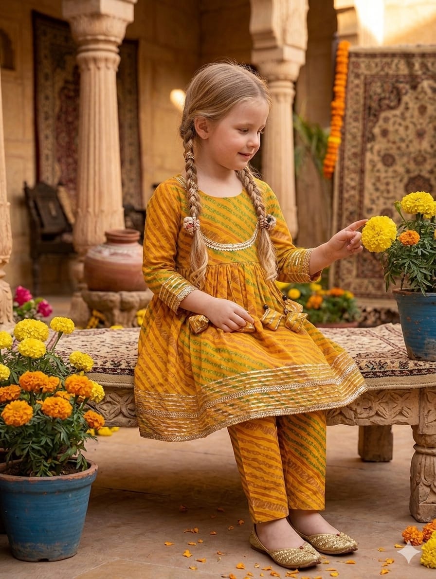 Baby Girl Yellow Leheriya Print Cotton Anarkali Kurta Set