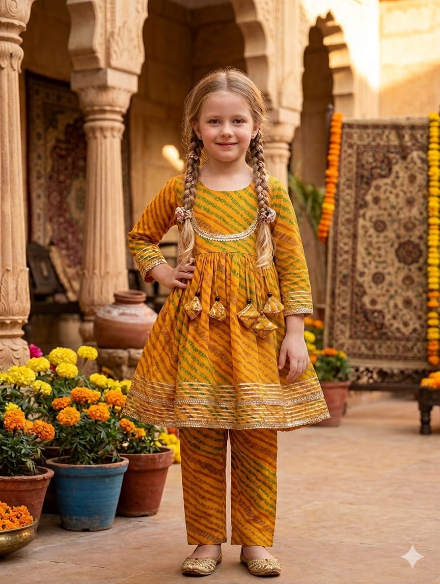 Baby Girl Yellow Leheriya Print Cotton Anarkali Kurta Set