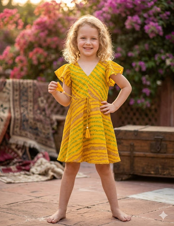 Baby Girls Yellow Leheriya Printed Cotton Umbrella Style A-Line Dress with Flutter Sleeves