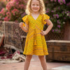 Baby Girls Yellow Leheriya Printed Cotton Umbrella Style A-Line Dress with Flutter Sleeves