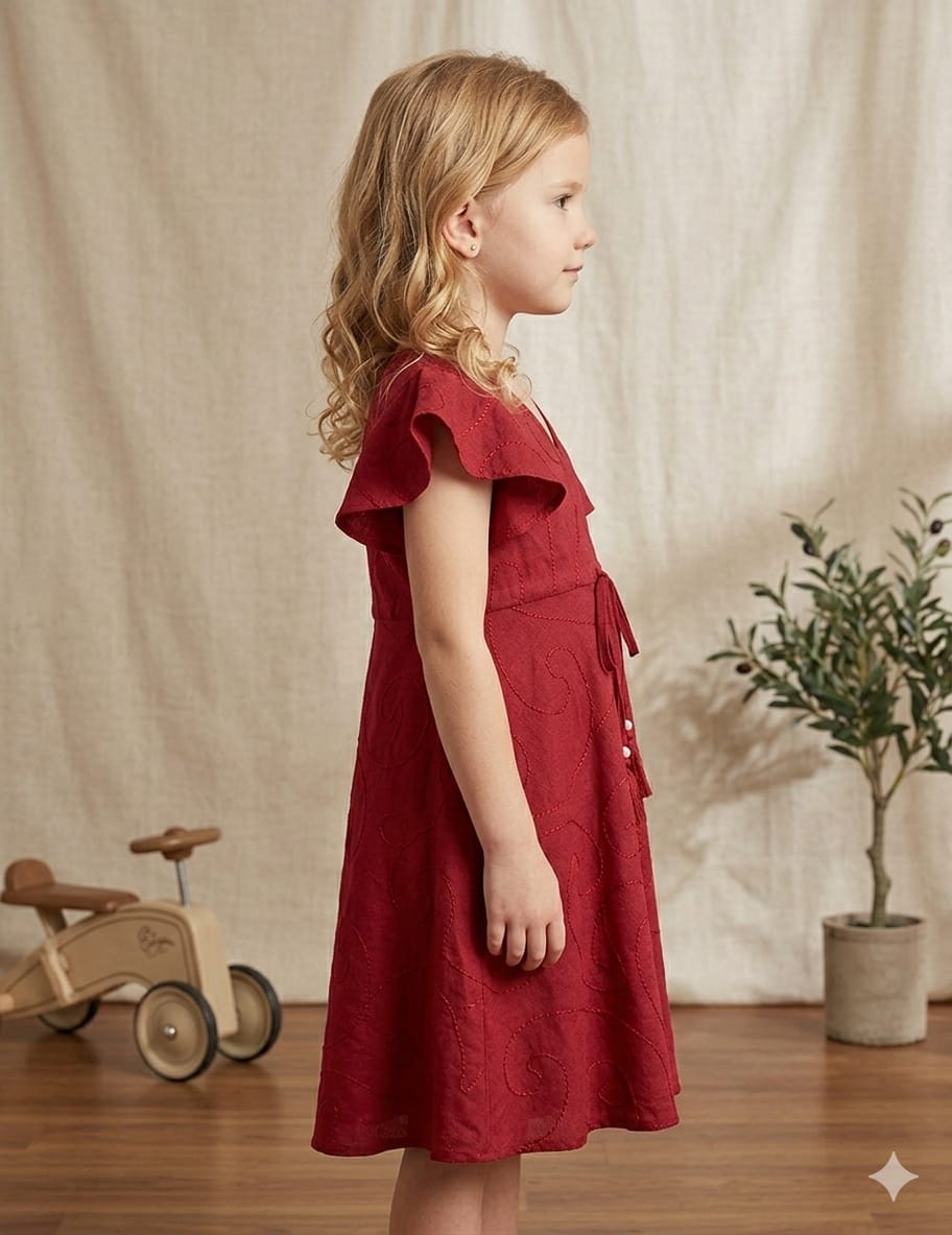 Baby Girls Maroon Rayon Umbrella Style A-Line Dress with Drawstring Waist