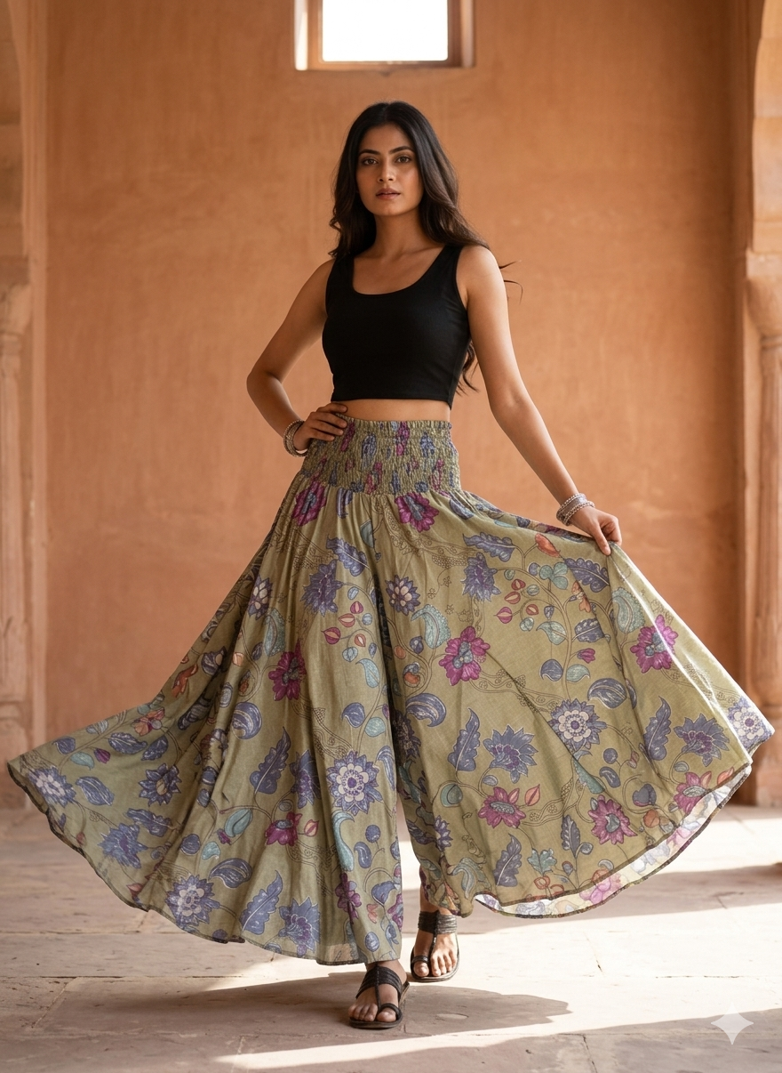 Women's Floral Print Smocked Waist Flared Maxi Skirt