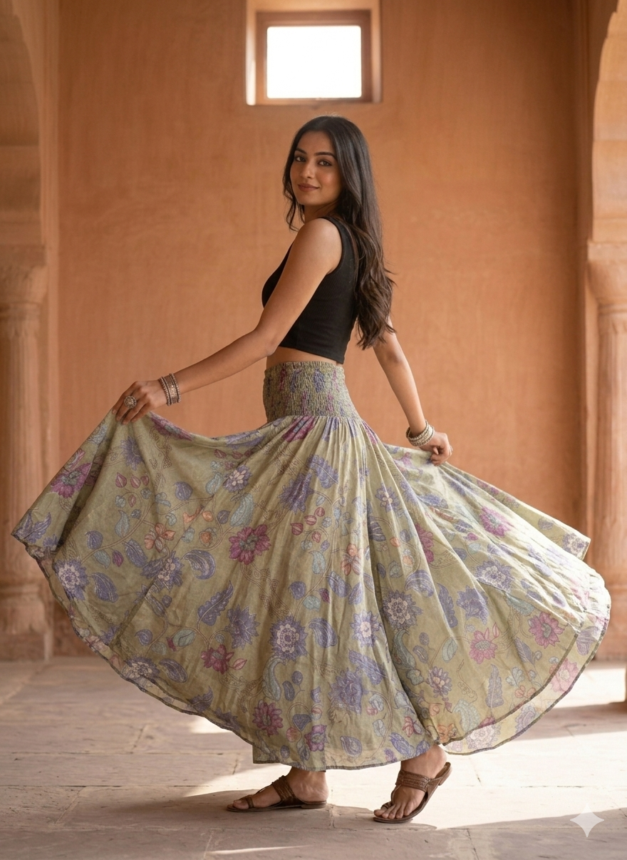 Women's Floral Print Smocked Waist Flared Maxi Skirt