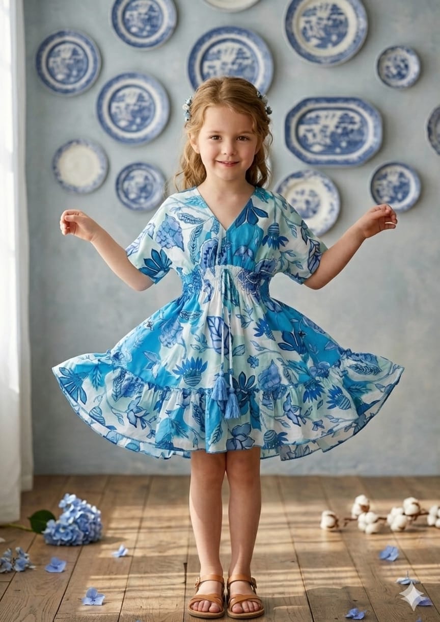 Baby Girls Blue Floral Printed Cotton Kaftan A-Line Dress