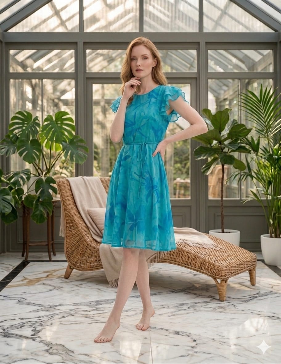 Mom & Me Blue Marbel Abstract Printed Cotton Umbrella Style A-Line Dress with Drawstring Waist