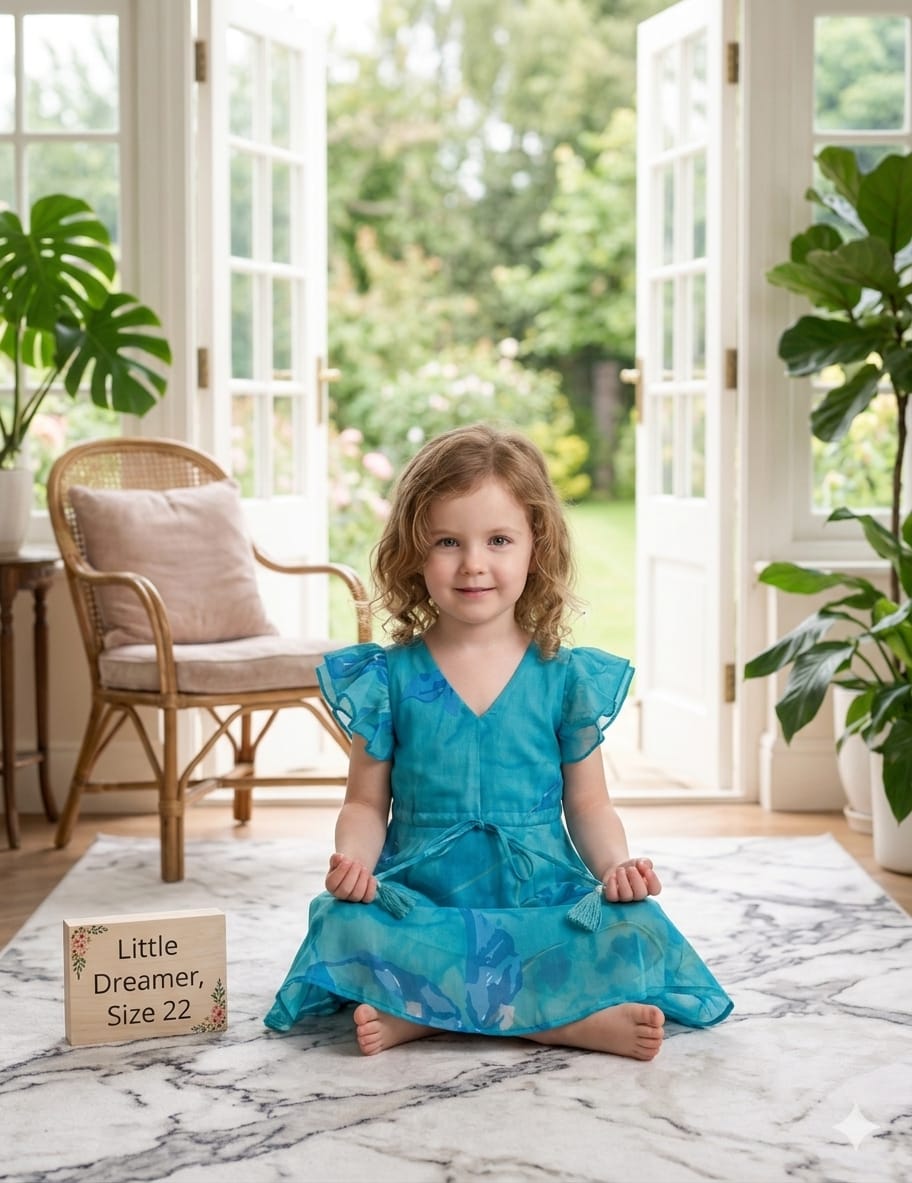 Baby Girls Blue Marbel Printed Cotton Umbrella Style A-Line Dress with Flutter Sleeves