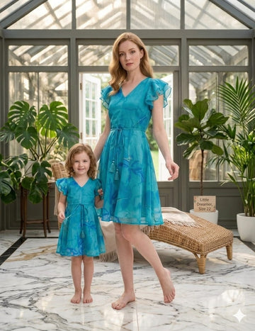 Mom & Me Blue Marbel Abstract Printed Cotton Umbrella Style A-Line Dress with Drawstring Waist