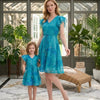 Mom & Me Blue Marbel Abstract Printed Cotton Umbrella Style A-Line Dress with Drawstring Waist