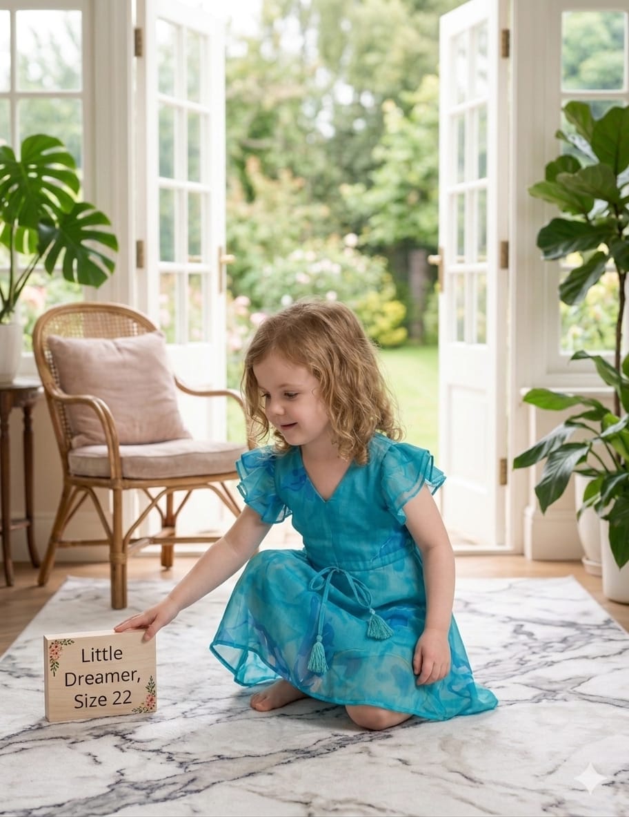 Baby Girls Blue Marbel Printed Cotton Umbrella Style A-Line Dress with Flutter Sleeves