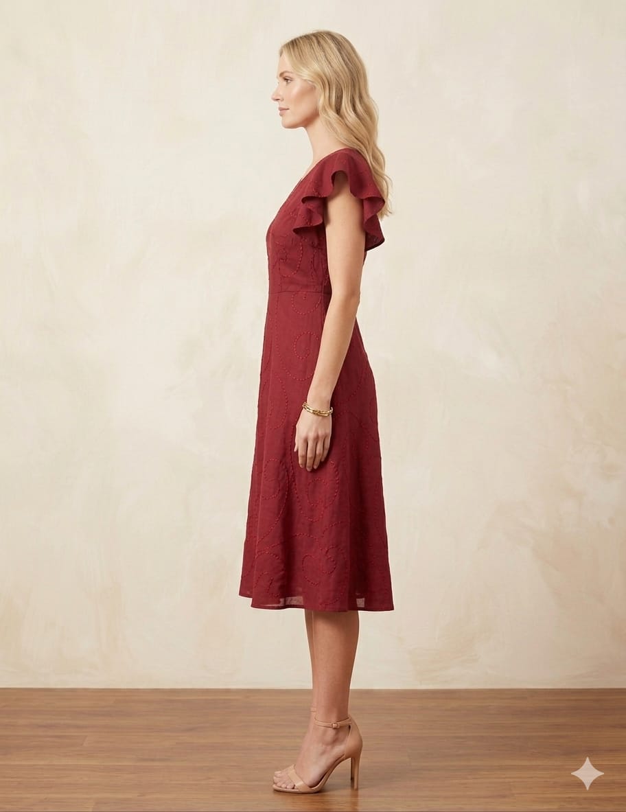 Women’s Maroon Rayon Umbrella Style A-Line Dress with Drawstring Waist