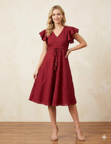 Women’s Maroon Rayon Umbrella Style A-Line Dress with Drawstring Waist
