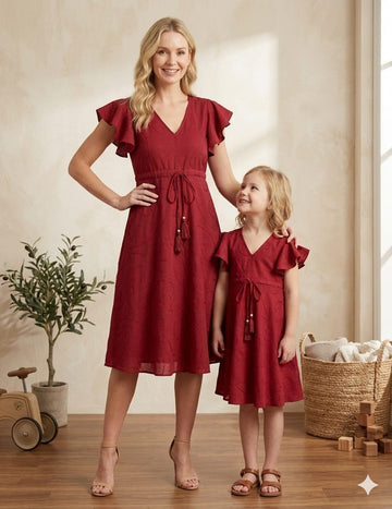 Mom & Me Maroon Rayon Umbrella Style A-Line Dress with Drawstring Waist
