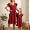 Mom & Me Maroon Rayon Umbrella Style A-Line Dress with Drawstring Waist