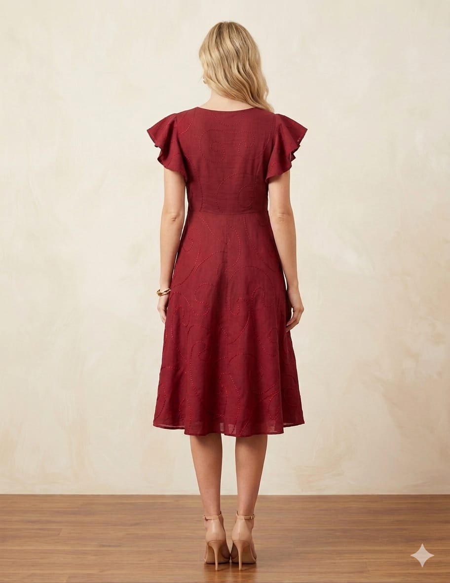Women’s Maroon Rayon Umbrella Style A-Line Dress with Drawstring Waist