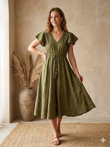 Women’s Mehandi Rayon Umbrella Style A-Line Dress with Drawstring Waist