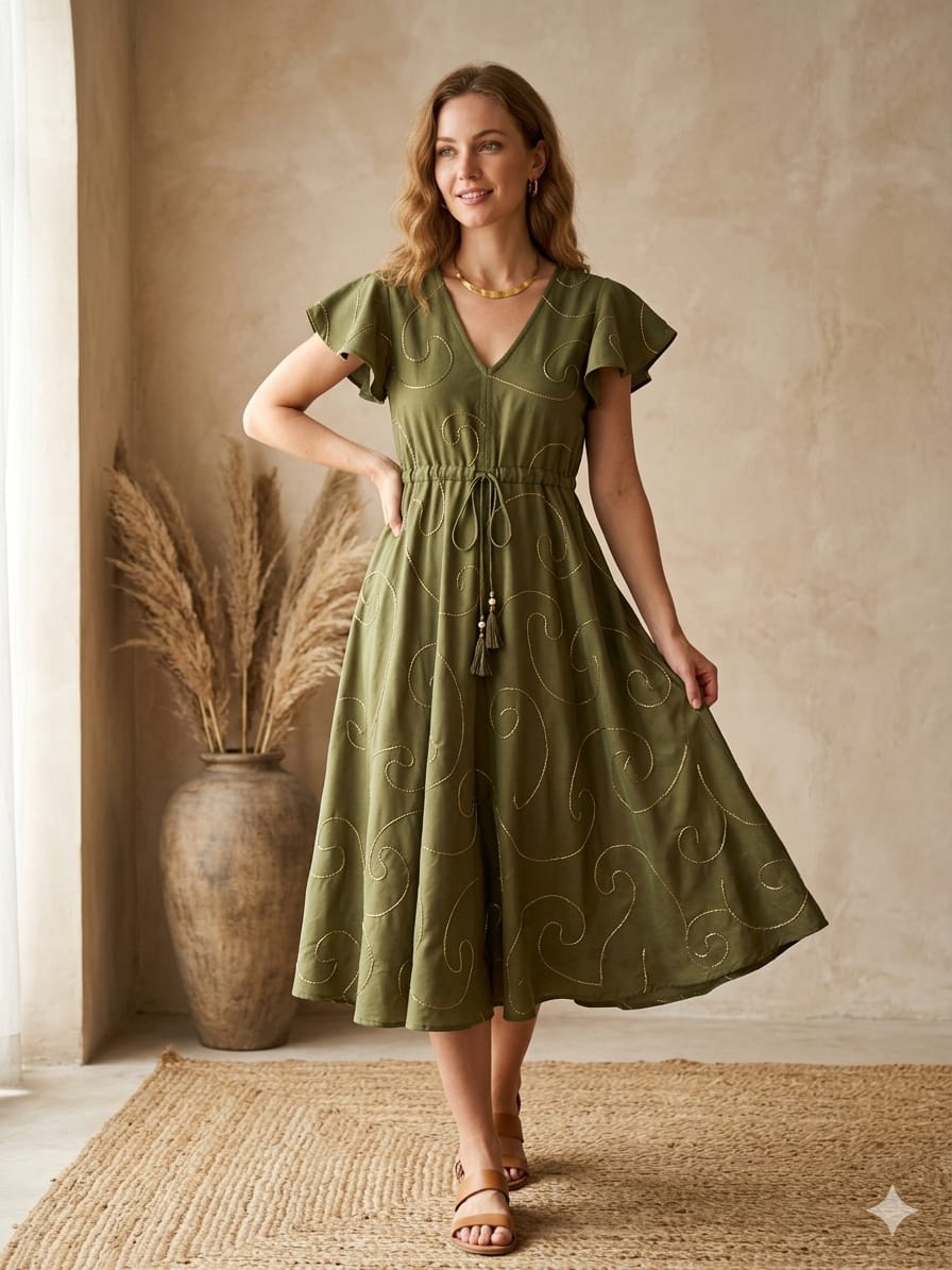 Women’s Mehandi Rayon Umbrella Style A-Line Dress with Drawstring Waist